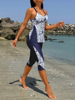 طقم تانكيني حريمي Swim SPRTY ملابس سباحة نسائية تنكيني بحمالات رفيعة بطبعات نباتية، ملابس سباحة صيفية للشاطئ