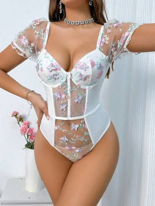 لانجيري حريمي جسم أنيق مع تطريز كونتراست شبكي ، مع قميص نفحة رومانسي وخصر مشدود ، قطعة واحدة