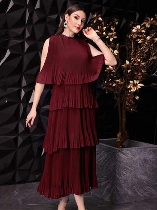 Modelyn فستان سهرة طويل للنساء باللون الأحمر البرغندي أحادي اللون مع كشكشة وتكشير