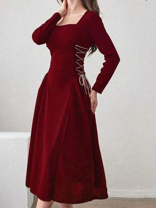 فساتين حريمي Modelyn فستان نسائي طويل الأكمام بياقة مربعة أنيق متوسط الطول مع ربطة خصر جانبية، لملابس السنة الجديدة، فساتين طويلة حفلات مسائية للنساء