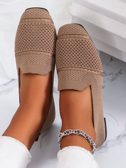 حذاء مسطح نسائي محبوك، حذاء لوفرز مربع الأصابع مريح، حذاء أم مسامي لفصلي الربيع والخريف