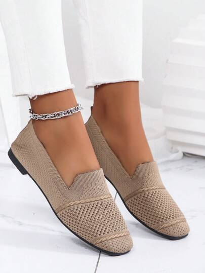 حذاء مسطح نسائي محبوك، حذاء لوفرز مربع الأصابع مريح، حذاء أم مسامي لفصلي الربيع والخريف