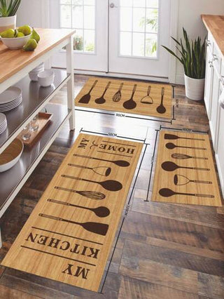 جوانب طقم أدوات و أواني المطبخ على حصيرة المطبخ بتصاميم مبتكرة من الألياف البوليسترية المستطيلة غير الانزلاقية المتينة لاستخدامها في الداخل، حصيرة للمطبخ في الهواء الطلق، لغرف الجلوس، غرف النوم، و تزيين الغرفة