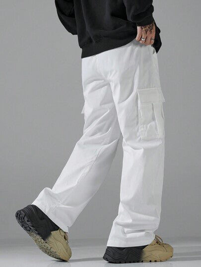 Manfinity Hypemode بنطلون كارجو لون أساسي سادة مع تصميم جيوب للرجال للخروج، بنطلون أساسي طويل، هدية للزوج والحبيب