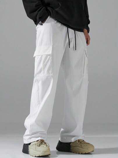 Manfinity Hypemode بنطلون كارجو لون أساسي سادة مع تصميم جيوب للرجال للخروج، بنطلون أساسي طويل، هدية للزوج والحبيب