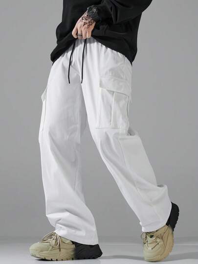 Manfinity Hypemode بنطلون كارجو لون أساسي سادة مع تصميم جيوب للرجال للخروج، بنطلون أساسي طويل، هدية للزوج والحبيب