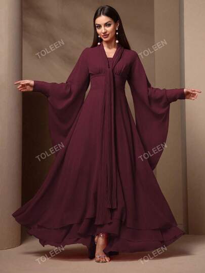 فستان أنيق بخصر عالي وأكمام جرس طويلة للسيدات، اللون واحد