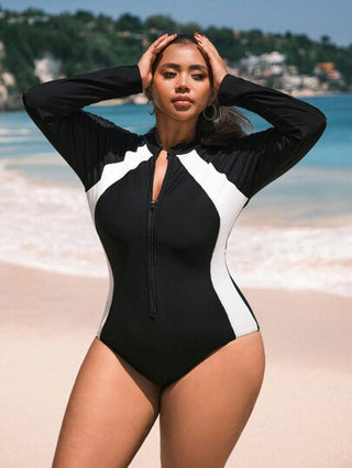 Swim SPRTY بدلة ركوب الأمواج للنساء بمقاس زائد بلوك لوني بسيط مع سحّاب