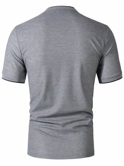 Manfinity Homme قميص بولو كاجوال صيفي للرجال بياقة عمودية وأزرار ربع, أكمام قصيرة بحافة متباينة, للزوج والأب