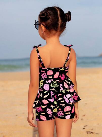 SHEIN طقم ملابس سباحة للفتيات الصغيرات للصيف ، شورت وكامي علوي مطبوع بنقشة متداخلة