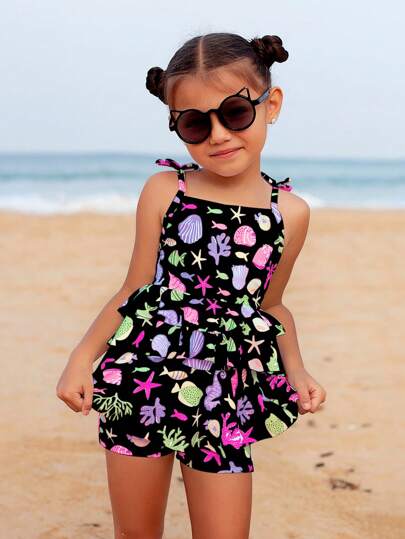 SHEIN طقم ملابس سباحة للفتيات الصغيرات للصيف ، شورت وكامي علوي مطبوع بنقشة متداخلة