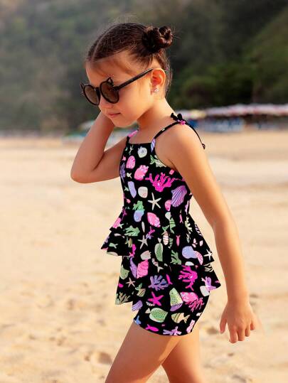 SHEIN طقم ملابس سباحة للفتيات الصغيرات للصيف ، شورت وكامي علوي مطبوع بنقشة متداخلة