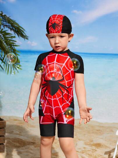 SHEIN طقم بدلة سباحة / غطاء سباحة قصير الأكمام بطبعة العنكبوت الفاشن للفتى الصغير