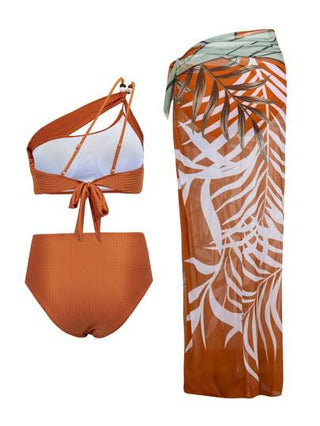 Swim SXY مجموعة بكيني للسيدات طبعة أوراق الشجر لنمط العطلات بأعلى و سفلية منفصلة - 3 قطع