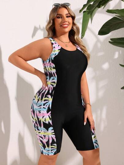 Swim SPRTY ملابس سباحة قطعة واحدة بسيطة ذات طباعة للنساء ذوات الأحجام الكبيرة, مناسبة للاستخدام اليومي في الصيف