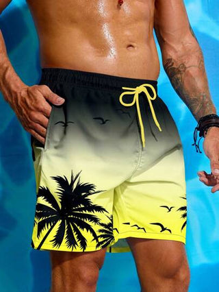 Manfinity Swimmode شورت بخصر رباط مطبوع بشجرة النخيل صيفي للرجال، شاطئي هاواي