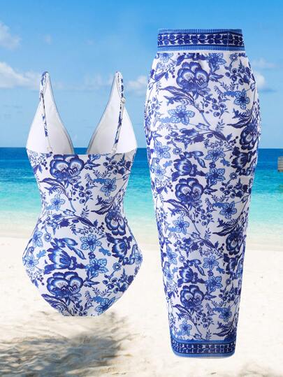 Swim Oasis بذلة سباحة أنيقة بطبعات الزهور ورقبة على شكل V وقصة ضيقة بمقاس كبير للصيف مع تنورة تغطية الجسم