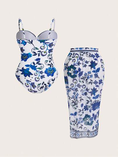 Swim Oasis مجموعة الملابس الصيفية بقطعة واحدة مطبوعة بالكامل بحجم كبير للشاطئ مع سروال حمامي مربوط للعطلات