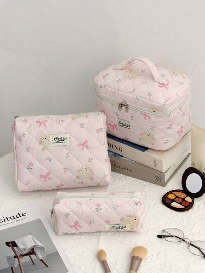 مجموعة حقيبة مستحضرات تجميل متعددة الأحجام L/M/S ذات طبعات فوشية وورود، حقيبة عناية شخصية وحقيبة سفر منظمة للنساء والفتيات، طبعة كبيرة رجعية، ذات حشوة قطنية منقوشة لتخزين مستحضرات التجميل والعناية بالبشرة وأمتعة المدرسة وأساسيات السفر