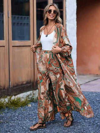طقم حريمي قطعتين EMERY ROSE مجموعة بطاقية كيمونو نسائية مع بنطلون واسع بأكمام منتفخة وطبعة زهور للعطلات ( نمط عشوائي )