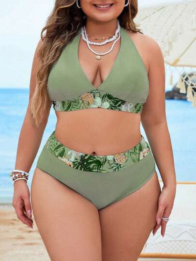 Swim Lushoire مجموعة بكيني مطبوع بزهور للسيدات ذوات الحجم الكبير، أسلوب عيد الميلاد