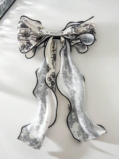 قطعة واحدة مشبك شعر فاخر باللونين الأسود والأبيض على الطراز الصيني، مزين بفيونكة كبيرة الحجم للفتيات أكسسوارة رأس