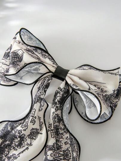 قطعة واحدة مشبك شعر فاخر باللونين الأسود والأبيض على الطراز الصيني، مزين بفيونكة كبيرة الحجم للفتيات أكسسوارة رأس