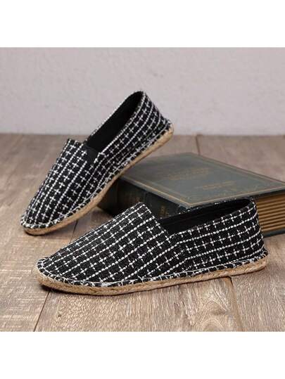 أحذية كانفاس وحبال للرجال/النساء، أحذية كاجوال سهلة الارتداء، أحذية قش منسوجة مُنفذة للهواء، أحذية صيادين، خفيفة ومنفذة للهواء، للأزواج، باللون الأسود والأبيض والبني (أصابع ضيقة، قاعدة صلبة، صناعة يدوية خشنة)