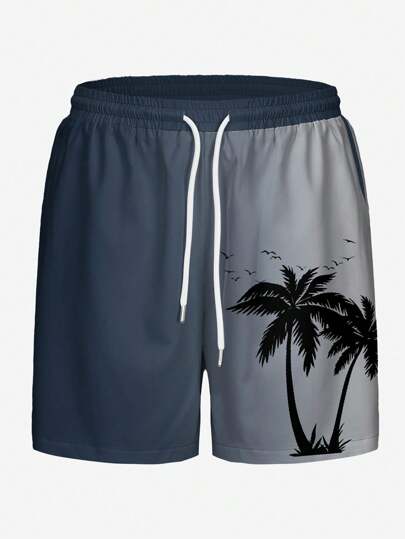 شورت رجالي كاجوال، شورت الشاطئ والأنشطة الخارجية الكاجوال الكولونيا ، طباعة رقمية ثلاثية الأبعاد بتدرج لون أومبري لأشجار جوز الهند ، شريط ربط ، مناسب للتنزه والسباحة، طراز هاواي