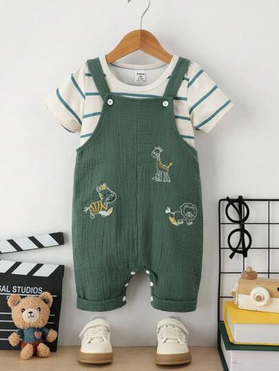 طقم ملابس علوية وأوفرولات قصيرة بأكمام مزينة بتطريز حيوانات لطيفة للأولاد الرضع، الصيف