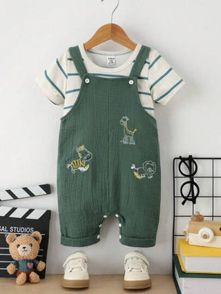 طقم ملابس علوية وأوفرولات قصيرة بأكمام مزينة بتطريز حيوانات لطيفة للأولاد الرضع، الصيف