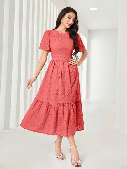 Mulvari فستان نسائي طويل أنيق بياقة مستديرة وكشكش وأكمام قصيرة، إطلالة نسائية صيفية