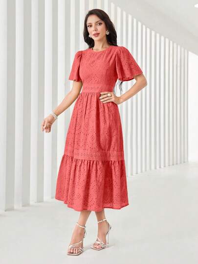 Mulvari فستان نسائي طويل أنيق بياقة مستديرة وكشكش وأكمام قصيرة، إطلالة نسائية صيفية