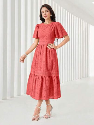 Mulvari فستان نسائي طويل أنيق بياقة مستديرة وكشكش وأكمام قصيرة، إطلالة نسائية صيفية