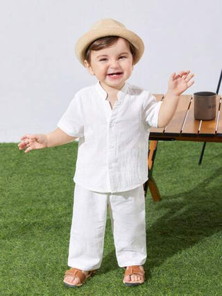 طقم ملابس طفل صبي/بنت مكون من قطعتين، قميص بياقة وااسعة واسترخائية وبأكمام قصيرة بلون ساده، وبنطلون مناسب للربيع والصيف والخريف، مناسب للخروجات اليومية والعطلات والسفر