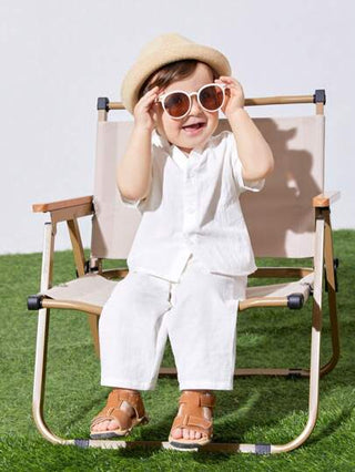 طقم ملابس طفل صبي/بنت مكون من قطعتين، قميص بياقة وااسعة واسترخائية وبأكمام قصيرة بلون ساده، وبنطلون مناسب للربيع والصيف والخريف، مناسب للخروجات اليومية والعطلات والسفر