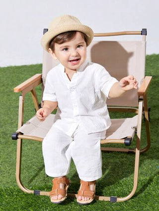 طقم ملابس طفل صبي/بنت مكون من قطعتين، قميص بياقة وااسعة واسترخائية وبأكمام قصيرة بلون ساده، وبنطلون مناسب للربيع والصيف والخريف، مناسب للخروجات اليومية والعطلات والسفر