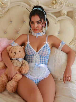 لانجيري حريمي PetitDoll بدي بطبعة المربعات للنساء مع تزيين القوس، ملابس داخلية جذابة تتناسب مع الجنطير الإيروتيكي، طوق وأصفاد الأكمام