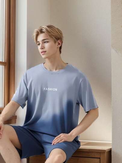 مجموعة بيجاما رجالية للصيف ، تي شيرت بياقة دائرية وسراويل قصيرة بأكمام قصيرة ، ملابس منزلية عارضة مطبوعة