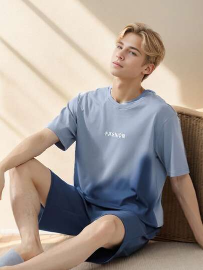 مجموعة بيجاما رجالية للصيف ، تي شيرت بياقة دائرية وسراويل قصيرة بأكمام قصيرة ، ملابس منزلية عارضة مطبوعة