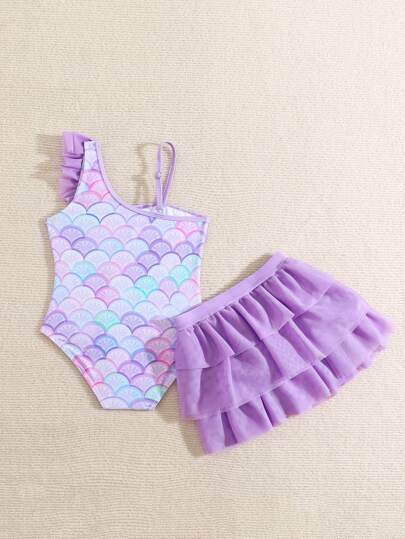 بدلة سباحة وتنورة طباعة بسيطة للفتيات الصغيرات قطعة واحدة