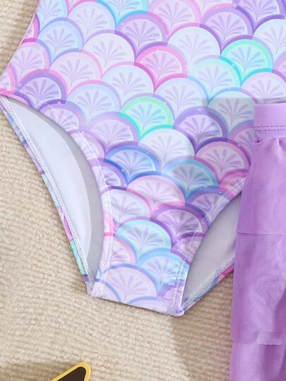 بدلة سباحة وتنورة طباعة بسيطة للفتيات الصغيرات قطعة واحدة