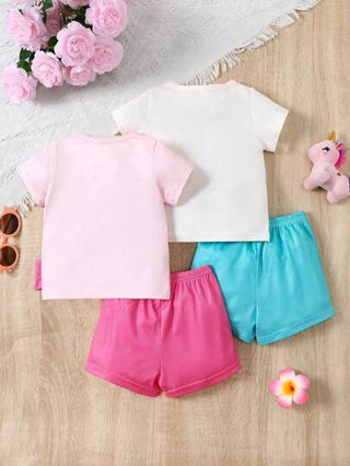 SHEIN بيجامة رضيعة فتاة مجموعة تيشيرت برقبة دائرية وأكمام قصيرة وسروال قصير، مطبوعة بدب ويونيكورن بسيطة، ملابس منزلية فضفاضة عدد 2