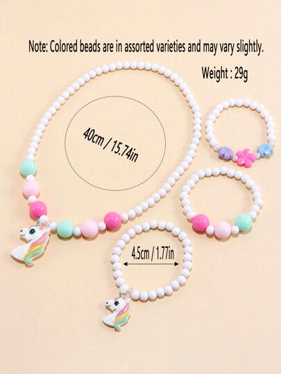 مجموعة أساور وقلادة مرصعة بخرزات ساحرة بشكل حصان اليونيكورن للفتيات، 4 قطع، لون عشوائي، مناسبة لجميع المواسم و الاستخدام اليومي