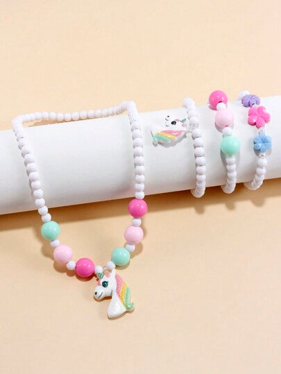 مجموعة أساور وقلادة مرصعة بخرزات ساحرة بشكل حصان اليونيكورن للفتيات، 4 قطع، لون عشوائي، مناسبة لجميع المواسم و الاستخدام اليومي