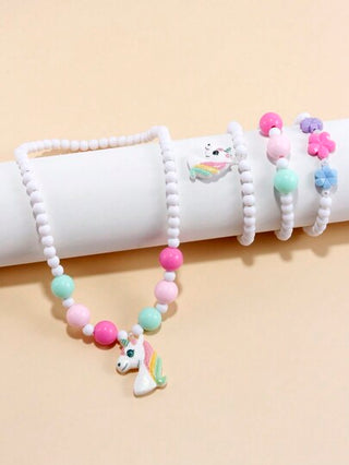 مجموعة أساور وقلادة مرصعة بخرزات ساحرة بشكل حصان اليونيكورن للفتيات، 4 قطع، لون عشوائي، مناسبة لجميع المواسم و الاستخدام اليومي