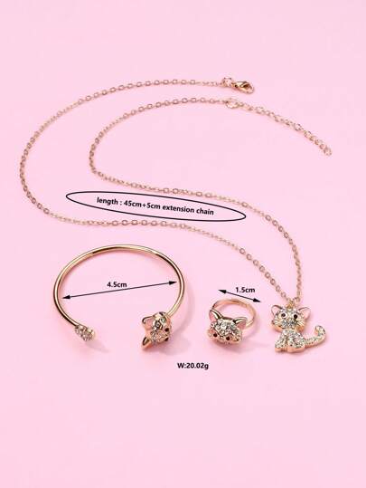 مجموعة من العناصر تتضمن قلادة 1 قطعة + سوار 1 قطعة + خاتم 1 قطعة للفتيات،مجوهرات بشكل قطة وردية لطيفة من سبيكة الزنك مطلي بالذهب مع ماسة أكريليك شفافة، مناسبة للارتداء اليومي.