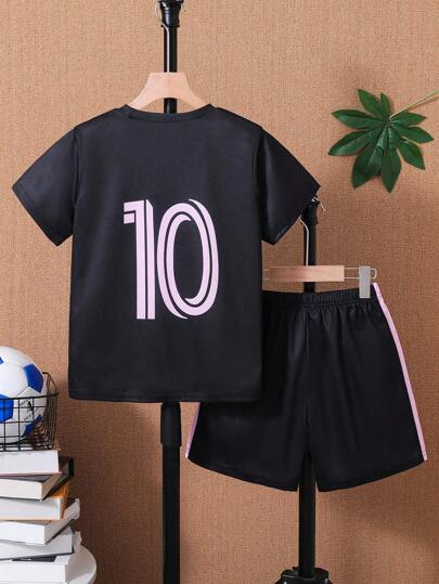 2 قطعة/مجموعة ملابس رياضية كاجوال للأولاد قصيرة الأكمام، من قماش شبكي تنفسي سريع الجفاف ومطبوع، وشورت، موسم الربيع والصيف