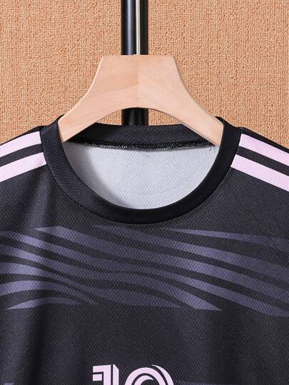 2 قطعة/مجموعة ملابس رياضية كاجوال للأولاد قصيرة الأكمام، من قماش شبكي تنفسي سريع الجفاف ومطبوع، وشورت، موسم الربيع والصيف