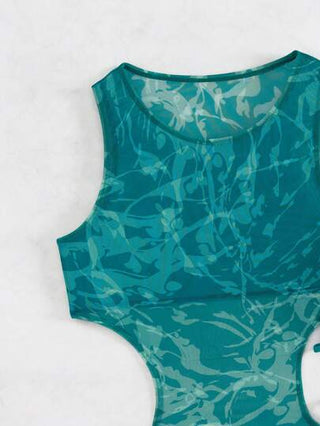 SHEIN Swim مجموعة بيكيني جذابة للنساء مع فستان يغطي بلون مختلف لحمام السباحة في الصيف بنمط ملون وحمالة عنق من الخلف